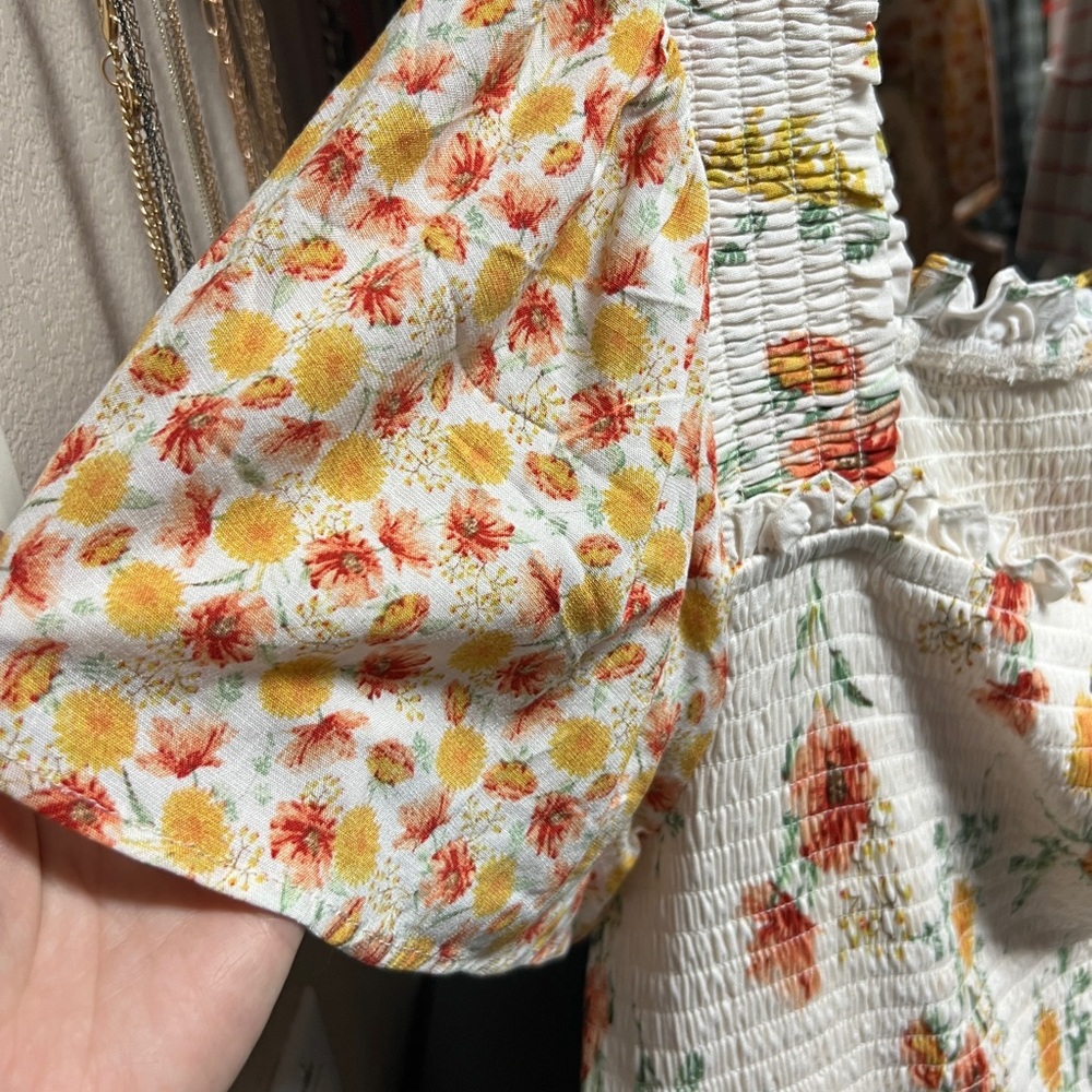Torrid Floral Smocked Crop Blouse - Cream and Orange